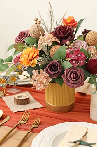 Ruidkun 21Pcs Artificial Flower Box Set Silk Fake Flowers For Diy Wedding Decoration Hand Bouquet Bridal Bouquet Baby Shower Cake Home Party Decoration (Burgundy & Amber) #TOP4