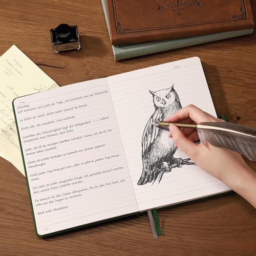 Image of AHGXG Lined Journal Notebook, 192 Numbered Pages, A5 Size (5.7'' x 8.3'') | for Men & Women, Journaling, Writing, Work & Office, Leather Hardcover, 100 GSM Thick Paper (Dark green)