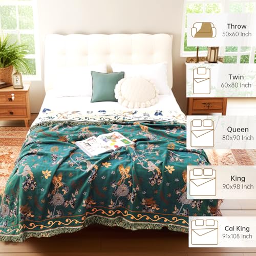 Image of VANJOROY Boho 100% Cotton Large Throw Blanket - All Season Rustic Ultra Soft Breathable Floral Bird Blanket for Bed Sofa Couch Chair Bedspread Quilt Gift, 80 inch x 90 inch-Teal /Beige
