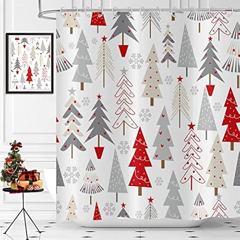 Merry Christmas Shower Curtains with 12 Hooks, Polyester Fabric Winter Snowflake Xmas Tree Shower Curtain Set, Machine Washable Bathroom Decor 59"x71" Cover