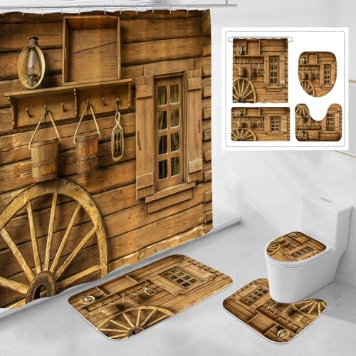 Litabel 4 Pcs Rustic Wooden Farmhouse Shower Curtain Set with Non-Slip Rugs, Toilet Lid Cover and Bath Mat, Farmhouse Bathroom Decor Set with Shower Curtain and Rugs(Hooks Not Included)