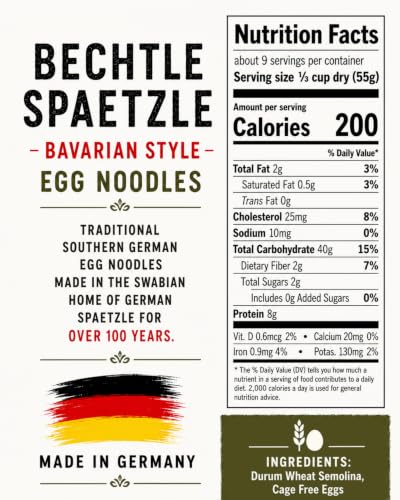 Image of Bechtle Spaetzle Bavarian Style Egg Noodles - Traditional German Pasta, Authentic Imported from Germany, Cage-Free Eggs & Durum Wheat Semolina, Non-GMO, Kosher (17.6oz, Pack of 12)