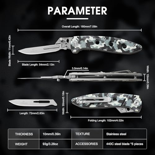 VR VIRENKNIFE Folding Scalpel Knife, Pocket Knife for Men,EDC Utility Knife with 6pcs #60 Replaceable Blades，Sharp Skinning Knives for Hunting, Fishing, Deer & Survival（Camo） by VR VIRENKNIFE - Image 2