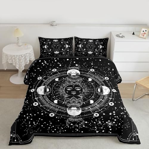 Image of Feelyou Sun Moon Comforter Queen Size Black White Psychedelic Constellation Comforter Set Boho Exotic Mandala Bedding Set Galaxy Astrology Space Duvet Set Soft Chic Mystic Star Room Decor Quilt Boys