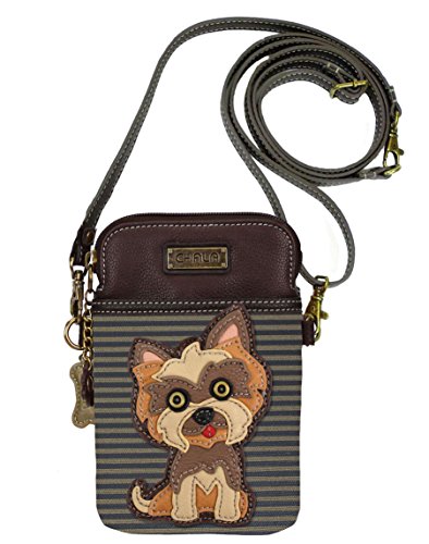 Chala Group Yorkshire Terrier Cellphone Crossbody Handbag - Convertible Strap Yorkie Mom, Brown Stripes, 5