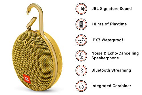 Image of JBL Clip 3, Wireless Portable Bluetooth Speaker with Mic, JBL Signature Sound, Integrated Carabiner, Vibrant Color Options with IPX7 Waterproof & AUX (Yellow)