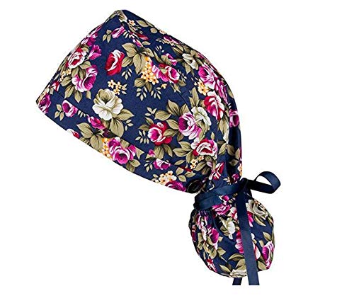 BERTHYFAI Floral Print Ponytail Pouch Working Cap Buttons Ribbon Tie Colorful Salon Dental Kitchen Hat Headband-04