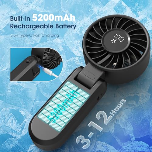 Image of 【5200mAh】Portable Handheld Fans for Travel, High-Speed Motor, Rechargeable Hand Held Fan, 5 Speed,180Foldable, Small Personal Fan,4-IN-1 Hand /Desk /Waist /Neck Fans,Summer Beach Travel Essentials