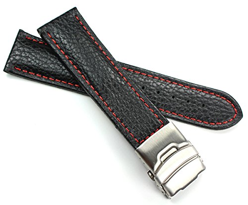 Sulla Bracelet de montre en cuir véritable 24 mm avec boucle déployante en acier inoxydable Noir/coutures rouges, Noir , 24 mm, lanière