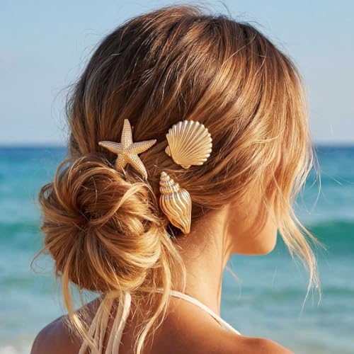 BARTOSI Pinzas Para el Cabello Playa Dorado Conchas Marinas Estrella de Mar Accesorios Para Mujeres y Niñas (Pack de 6) miniatura 3