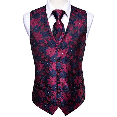 Dubulle Mens Blue And Burgundy Waistcoat Vest Tie Set Floral Necktie Vest For Men Tuxedo Suit Vest Set #TOP4