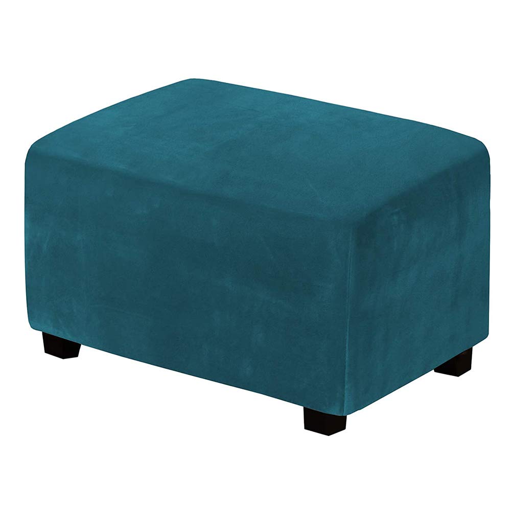 Housse de pouf rectangulaire velours extensible bleu protection repose-pied
