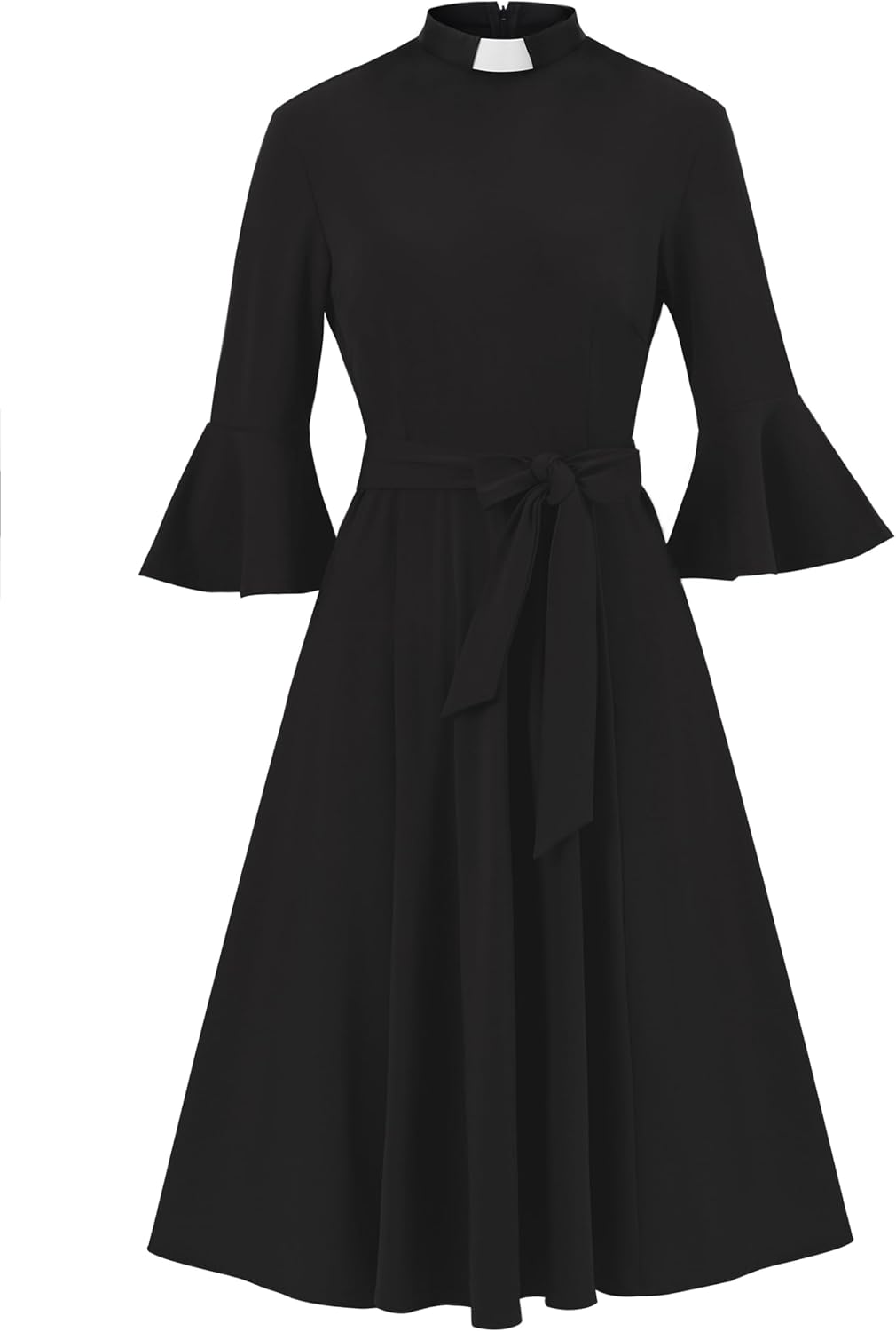 Women's Bell Sleeve Church Dress Clergy Midi Dress Tab Insert Collar Priestess Dress