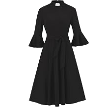 Womens Bell Sleeve Church Dress Clergy Midi Dress Tab Insert Collar Priestess Dress