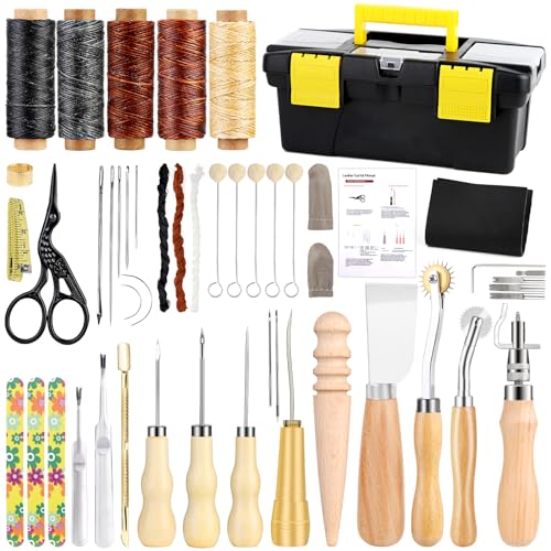 43Pcs Leather Craft Kits, Leather Sewing Kit, Leather Tool with Instructions, Tool Box, UV Stitching Groover, Waxed Thread, Tracing Wheel, and Other Leather Crafting Tools and Supplies