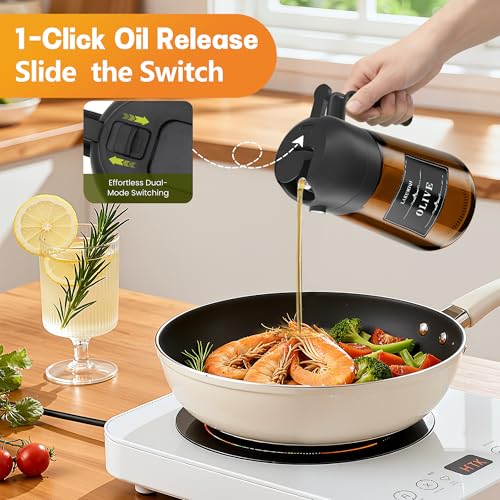 Image of Olive Oil Sprayer & Dispenser for Cooking, 16oz Dark Glass Oil Mister, 2PC | 2-in-1 Oil Sprayer & Pourer, Fine mist, Light-Blocking, Wide Mouth for Easy Refill & Clean, 8 Oil Labels, Reusable