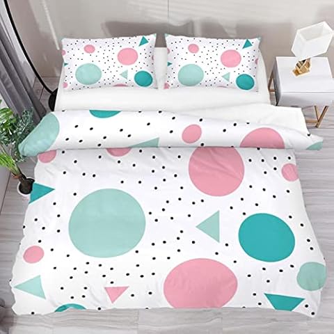 Godsous 3 Pieces Polyester Duvet Cover Set,100% Natural Fabric Bedding, Geometric Triangle Round Blue Pink Morden Style With Zipper Closure Cover