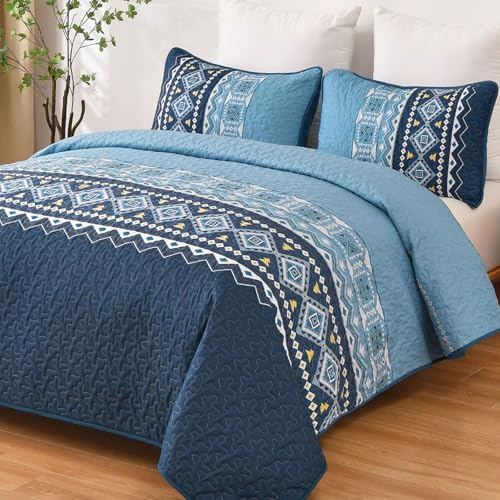 Edredón bohemio de microfibra suave azul oscuro queen lavable de tres piezas 2