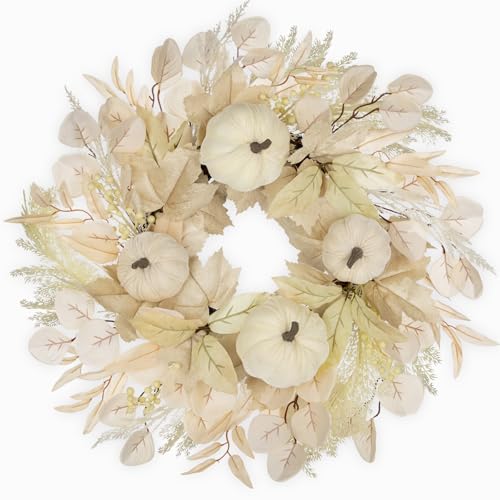 Briful 16'' Cream White Pumpkin Wreath for Fall – Rustic