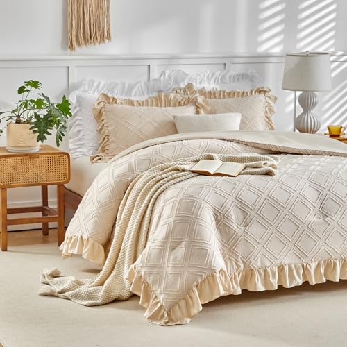 Flysheep Tufted Ruffle Comforter Set Twin Size, 3 Pieces Beige Ruffled Farmhouse Comforters thumb #3