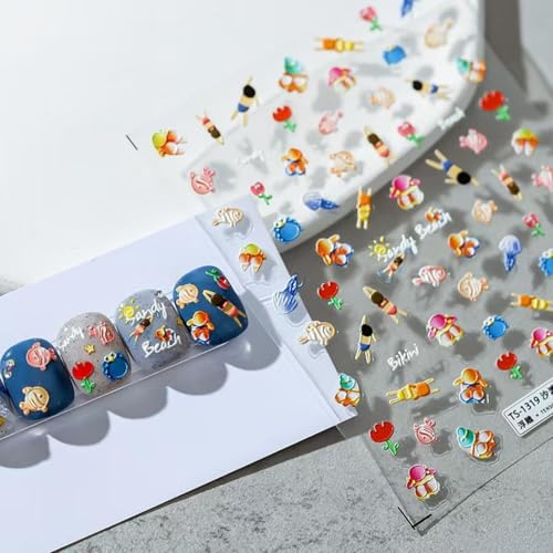 Image of 5D Embossed Summer Nail Stickers Colorful Cartoon Nail Art Decals Fish Crab Nail Stickers for Nail Art Self Adhesive Cute Swimming Design Manicure Supplies Charm for Women DIY Decorations Accessories