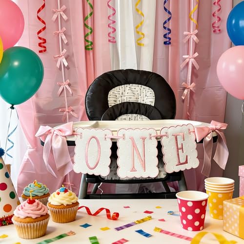 Image of Pink and White Bow ONE High Chair Banner for Girl First Birthday High Chair Banner Sweet One Pink Bow 1st Birthday Decorations