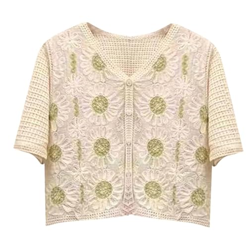 Blusas Femininas De Verão Com Crochê De Malha Oca T-shirt De Manga Curta Com Botões Camisetas Curtas