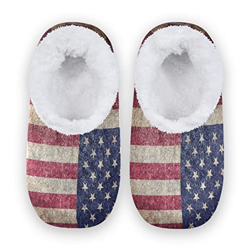 Mnsruu Retro Star Strupe Amerikanische Flagge Hausschuhe, bequem, Schlafzimmer, Schuhe, rutschfest, für Damen, Größe 38-39