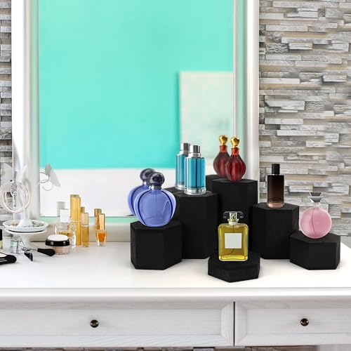 BELLE VOUS 6er Pack Schwarzer Sechseck Dekosäule Holz Podest Holz Displays - Vintage Deko Holzklotz für Regale & Arbeitsplatten - Sockel für Skulpturen, Schmuck, Figuren, Cupcakes & Desserts