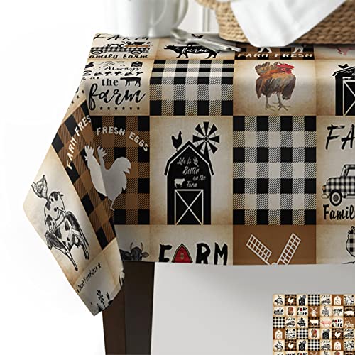 Rectangle Table Cloth Farm Rooster Cow Windmill Brown Buffalo Plaid Washable Waterproof Tablecloths Farmhouse Barn Truck Pig Table Cover For Dinner Wedding Kitchen Holiday Party Decor 60X84In #TOP2