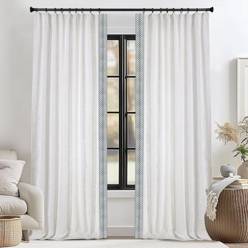 DotheDrape Blackout Linen Curtains, Blue V Tape Trim Drapes for Bedroom, Living Room, 40 Width 96 Inch Long, Beige White, 1 Set