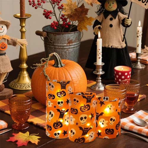 Image of Halloween Flameless Candles with String Lights - Set of 3 Ghost Battery Operated Candle Flickering Floral LED Pillar Candles with Timer Remote for Home Decor Romantic Ambiance