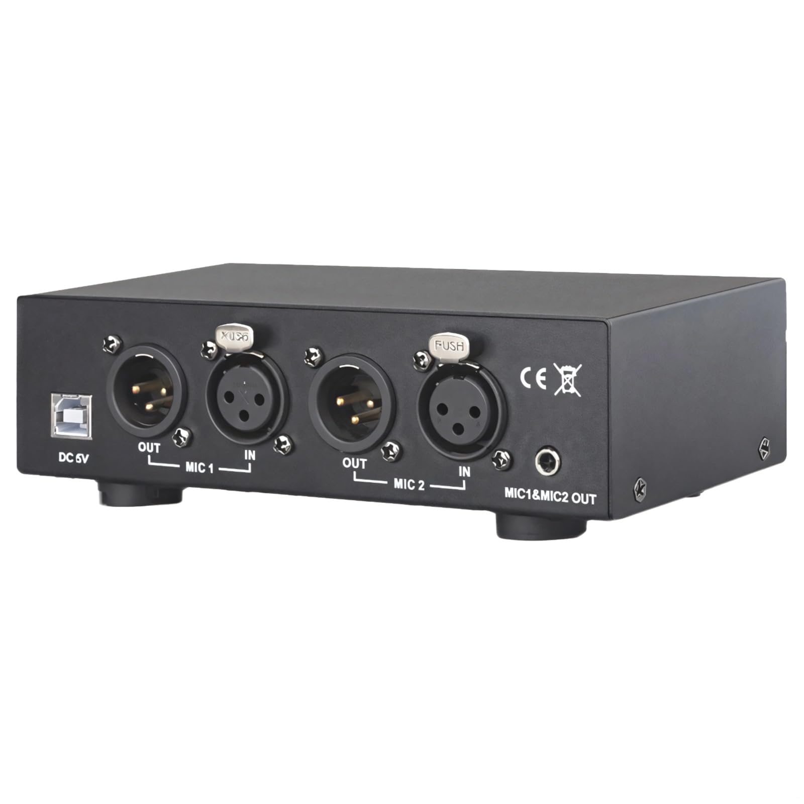 Alimentatore Phantom compatto per microfoni, doppi ingressi e uscite XLR, alimentazione USB, acciaio inossidabile, 160 mm x 81 mm x 42 mm, include cavi audio e di alimentazione