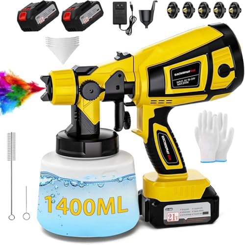 Cordless Paint Sprayer with Battery 2 X 4000mAh 21V, 5 Nozzles & 3 Spray Modes, Spray Paint Gun with 1400ML Container, Handheld Paint Sprayer for House Painting Furniture Cabinets Fence Wall