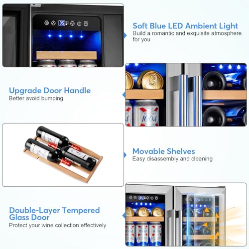 Image of Wine and Beverage Refrigerator with Glass Door, 24-Inch Dual Zone Wine Fridge Under Counter - 18 Bottle and 88 Can Large Capacity Led Blue Light Smart Fast Cooling Wine Cooler