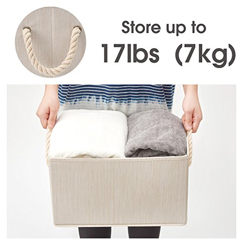 Ezoware Set Of 3 Bamboo Large Fabric Storage Bins Baskets With Cotton Rope Handle, Collapsible Cube Container Box For Nursery, Kids, Closet, And More (Beige) #TOP4