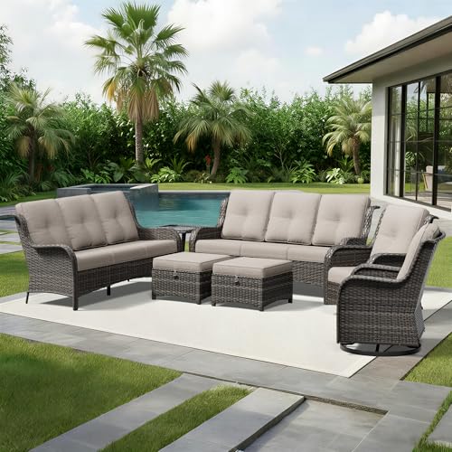 Image of Joyside 7 Piece Wicker Patio Furniture Set, Outdoor Swivel Rocker Patio Chairs with High Back, Deep Seating, Wide Armrest, Thickened Cushions, Outdoor Furniture for Deck, Porch Use
