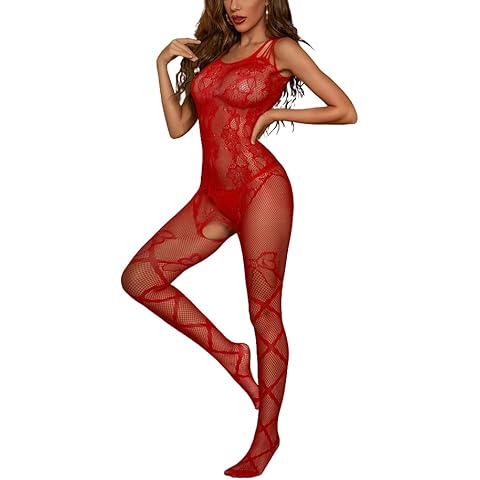 Sniff Rose Women's Fishnet Lingerie Bodystocking Cut Out Bodysuit Tights Teddy Underwear Babydoll Halter Neck Nightwear Horsiery Chemise (Red) Cover