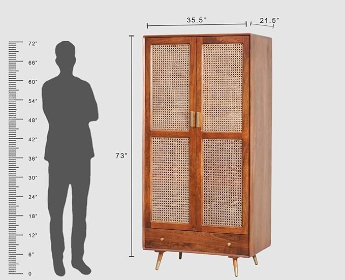 Image of Solid Wood Brown Finish Cane Wardrobe with Rattan Doors & Drawers | Almirah for Living Room, Dining Room, Bed Room & Guest Room| (H-Hony)