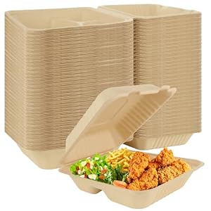 100 Pack Clamshell Take Out Food Containers, 8×8 Inch 3 Compartment Meal Prep Containers， Compostable To Go Containers Heavy-Duty to go Boxes, Eco-Friendly Made From Sugarcane Fibers