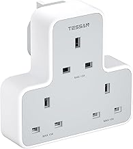 Multi Plug Extension Socket, TESSAN 3 Way Plug Adapter UK, Non Blocking Triple Socket Extensions, Multiplug Power Extender with 3 Electrical Outlets for Home, Office, School Supplies