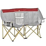 Outsunny Double Seat Camping Chair Folding Lawn Loveseat w/Storage Pocket & Cup Holder Compact and Sturdy in a Bag for Outdoor, Beach, Picnic, Hiking, Travel, Red & Grey