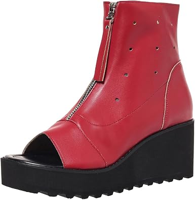 SACFOF Womens Front Zip Platform Wedges Sandals Leather Peep Toe Chunky Heels Slingback Gladiator Heel Sandals