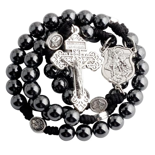HanlinCC 10mm Hematite Stone Beads Handmade Saint Michael Paracord Rosary Necklace for Men and Women