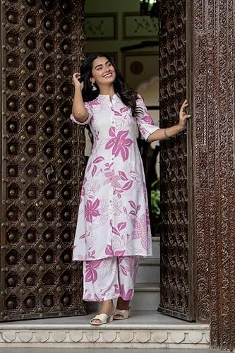 Image of Women's Floral Print Rayon Kurta Palazzo, Round Neck Half Sleeve, Regular Fit, Ethnic Casual Wear