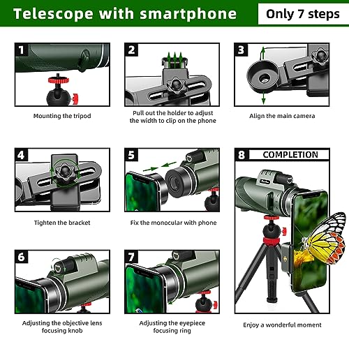 Image of 40X60 Monocular Telescope - High Power for Adults with BAK4 Prism. Includes Phone Adapter, Tripod & Hand Strap. Perfect for Bird Watching & Concerts