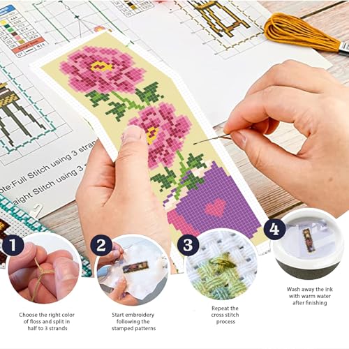 Image of FREEBLOSS 6 Set Cross Stitch Bookmark Kit 11 CT Complete Cross Stitch Kit DIY Embroidery Bookmark Kits for Adult Beginners with Instructions, Flowers and Books, 8 inch x 2.4 inch