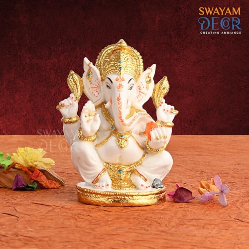 Image of Creating Ambiance Polyresin Marble Ganesh Idol, Vinayaka Statue | Auspicious Ganpati Murti For Living Room & Home Decor - Ganesh Idol For Diwali - Gold & White (7.5 Inches)
