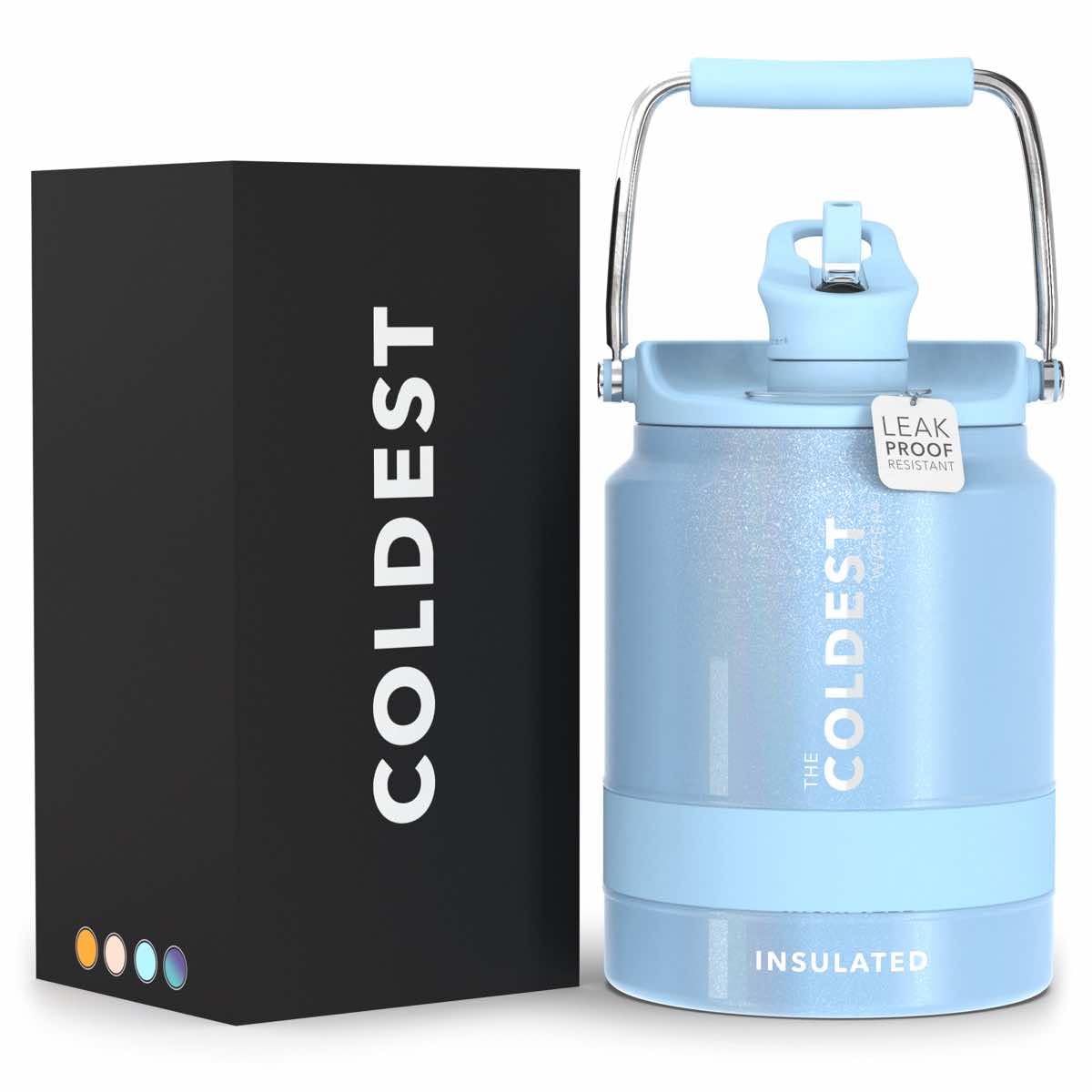 COLDEST Sports Water Bottle Half Gallon (Straw Lid), Leak Proof, Vacuum Insulated Stainless Steel, Hot Cold, Double Walled, Metal Canteen Growler Jug (Neptune Blue Glitter, Half Gallon)