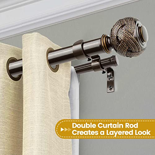 Usfook 1 Inch Double Curtain Rods 72 To 144 Inches (6-12 Ft) Bronze Drapery Rods For Windows 69 To 140 Inches, Telescoping Dual Curtain Rod With Woven Leaf Finials #TOP2
